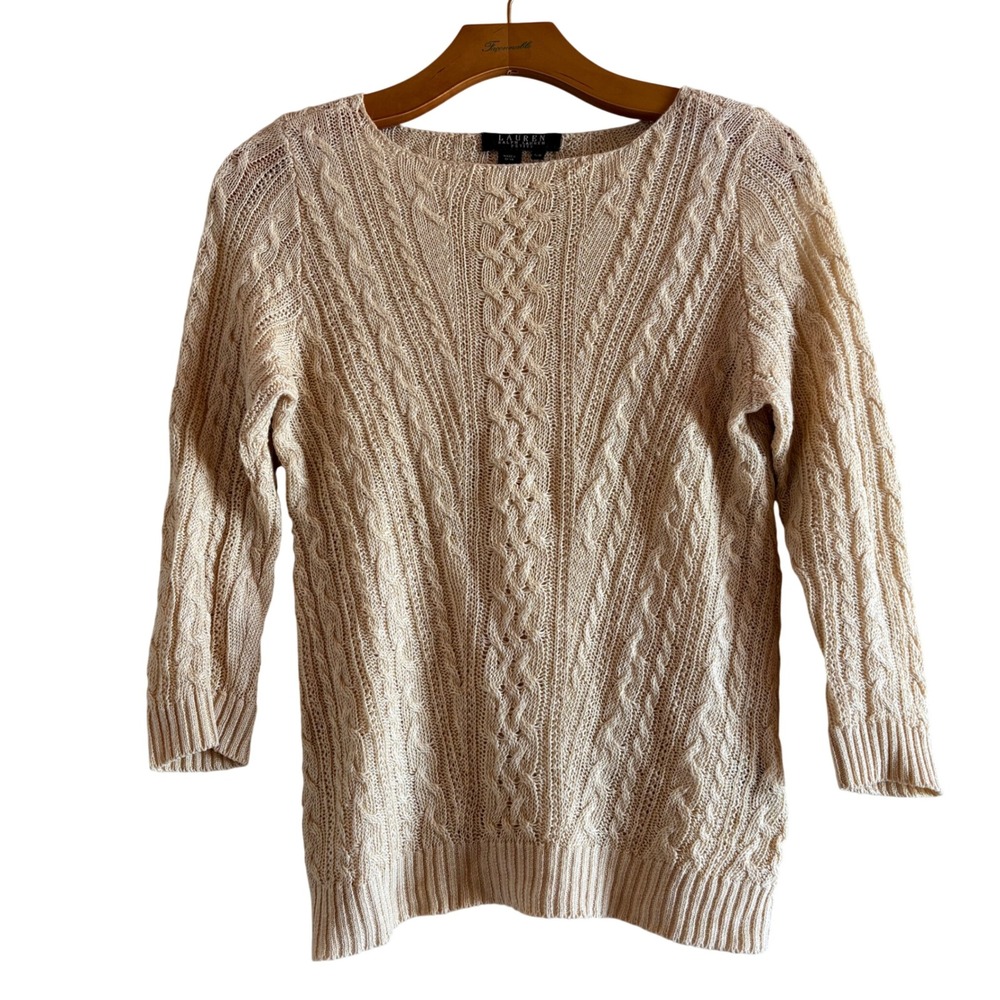 Lauren Ralph Lauren Beige 100% Linen Fisherman Cable Knit Sweater 3/4 Sleeve  PM